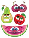 Cute cartoon fruit characters: Watermelon, pear, apple and cherries. Royalty Free Stock Photo