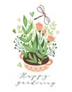 Cute vector seasonal greeting card - Growing flowers in the flower bed with text `Happy gardening`.