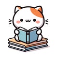 Cute white-orange cat reading a book clip art illustration isolated on transparent background Royalty Free Stock Photo