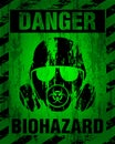 Danger Biohazard warning label sign, gas mask icon. Infected Specimen, black and green danger symbol with worn, scratchy and rusty Royalty Free Stock Photo