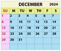 2024 December month calendar Color vector illustrator calendar design