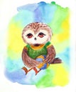 Small owl with colorful ball watercolor illustrtion print to decorate children`s clothing and children`s rooms. Bright watercolor 