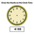 Draw hands Analog clock. What is the time, Learning clock, and math worksheet. Telling the Time Practice for Children Worksheets. Royalty Free Stock Photo