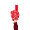 Fan foam fingers with hands. Hands up with glove with number one red color vector