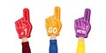 Fan foam fingers with hands set. Hands up with glove with number one, go red, orange and violet color vector Royalty Free Stock Photo