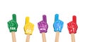 Fan foam fingers with hands set. Hands up with glove with number one red, green, yellow, violet and blue color Royalty Free Stock Photo