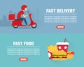 Fast food delivery concept design flat banners set. Delivery man ride scooter motorcycle. Fast food icon Royalty Free Stock Photo