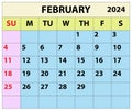 2024 February month calendar Color vector illustrator calendar design