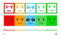 Five Color Faces Feedback/Mood. Set five faces scale - smile neutral sad - isolated vector illustration. Scale bar rating feedback Royalty Free Stock Photo
