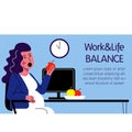 A flat vector horizontal image of a pregnant woman eating in the office. Life and work balance.