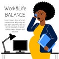 A flat vector image of a pregnant woman working in the office. Life and work balance.