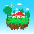 Floating island in flat illustration with mushrooms house, hill, and panorama. Summer time illustration. Summer vector background