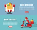 Food ordering concept design flat banners set. Food Delivery man ride scooter motorcycle. Food icon