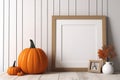 Print frame autumn mockup on shelf in living room