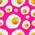 Print of fried eggs on a pink backdrop.