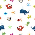 Seamless Cute Fish starfish whale frog penguin child Pattern in Vector. illustration for girls and boys