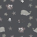 Seamless Cute Fish starfish whale frog penguin child Pattern in Vector. illustration for girls and boys