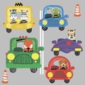 Print with funny cars and cute animals bear, zebra, frog, tiger, fox Royalty Free Stock Photo