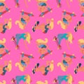 Girls skateboarders pattern. Flat vector seamless pattern. Cool girls ride on skateboard, pink background.