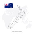 Global logistics network concept. Communications network map New Zealand on the world background. Map of New Zealand with nodes in Royalty Free Stock Photo