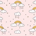 Seamless pattern with gold rainbows, funny clouds and stars