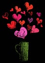 Imprint cup with red hearts on a white background, poster, illustration
