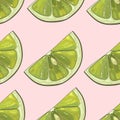 Print of green lemons on a tenderness pink backdrop.