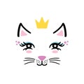 Hand drawn cute little kitty girl face with crown.