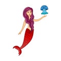 Hand drawn cute little mermaid girl with jellyfish. Color sketch isolated cartoon illustration Royalty Free Stock Photo