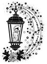 Hand drawn vector illustration with vintage old lantern and decorated moon Royalty Free Stock Photo