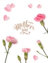 Happy Mothers day. Calligraphic greeting text. Holiday design template with realistic pink carnation flowers and paper hearts. Royalty Free Stock Photo