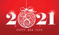 Happy New Year 2021 with beautiful chrisma ball on red background. Illustration for brochure, postcard, invitation card. Royalty Free Stock Photo