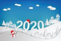 Happy new year and Christmas 2020 Snowman and Countryside landscape. Royalty Free Stock Photo