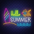 Hello summer. Summer holiday banner. Neon banner. Neon sign. Royalty Free Stock Photo