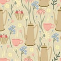 Herbal seamless pattern with wild flowers, lemons, desserts, cups and coffee pots