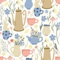 Herbal seamless pattern with wild flowers, lemons, desserts, mugs, tea and coffee pots