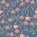 Herbal seamless pattern with wild or meadow echinacea flowers and tea cups