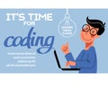 A horizontal image of the boy who studies coding. A vector image for a flyer or a poster for the chidren coding school