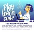 A horizontal image of the girl who studies coding. A vector image for a flyer or a poster for the chidren coding school.