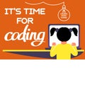 A horizontal image of the girl who studies coding. A vector image for a flyer or a poster for the chidren coding school