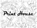Print house coloring book line art design raster. Separate objects. Hand drawn doodle design elements. Royalty Free Stock Photo