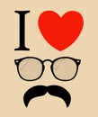 Print I love Hipster style, glasses and mustaches.