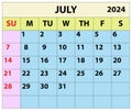 2024 July month calendar Color vector illustrator calendar design