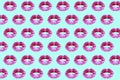 Print of kiss lips women, pink female lipstick, glamorous sensual red girl lip on blue background. Royalty Free Stock Photo