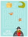 Print. Labyrinths. Find the treasure. The pirate is looking for a treasure. A game for children.