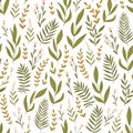 Light green seamless pattern with herbs and flowers. Bedding floral background. Fabric design. Vector illustration