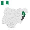 Location Adamawa State on map Nigeria. 3d Adamawa location sign. Flag of Nigeria. Royalty Free Stock Photo