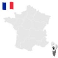 Location of Corsica on map France. 3d location sign similar to the flag of Corsica. Quality map with regions of French Republic