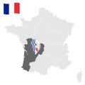 Location of New Aquitaine on map France. 3d location sign similar to the flag of New Aquitaine. Quality map  with regions of  Fren Royalty Free Stock Photo