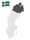 Location Norrbotten County on map Sweden. 3d location sign similar to the flag of Norrbotten County. Quality map with regions of